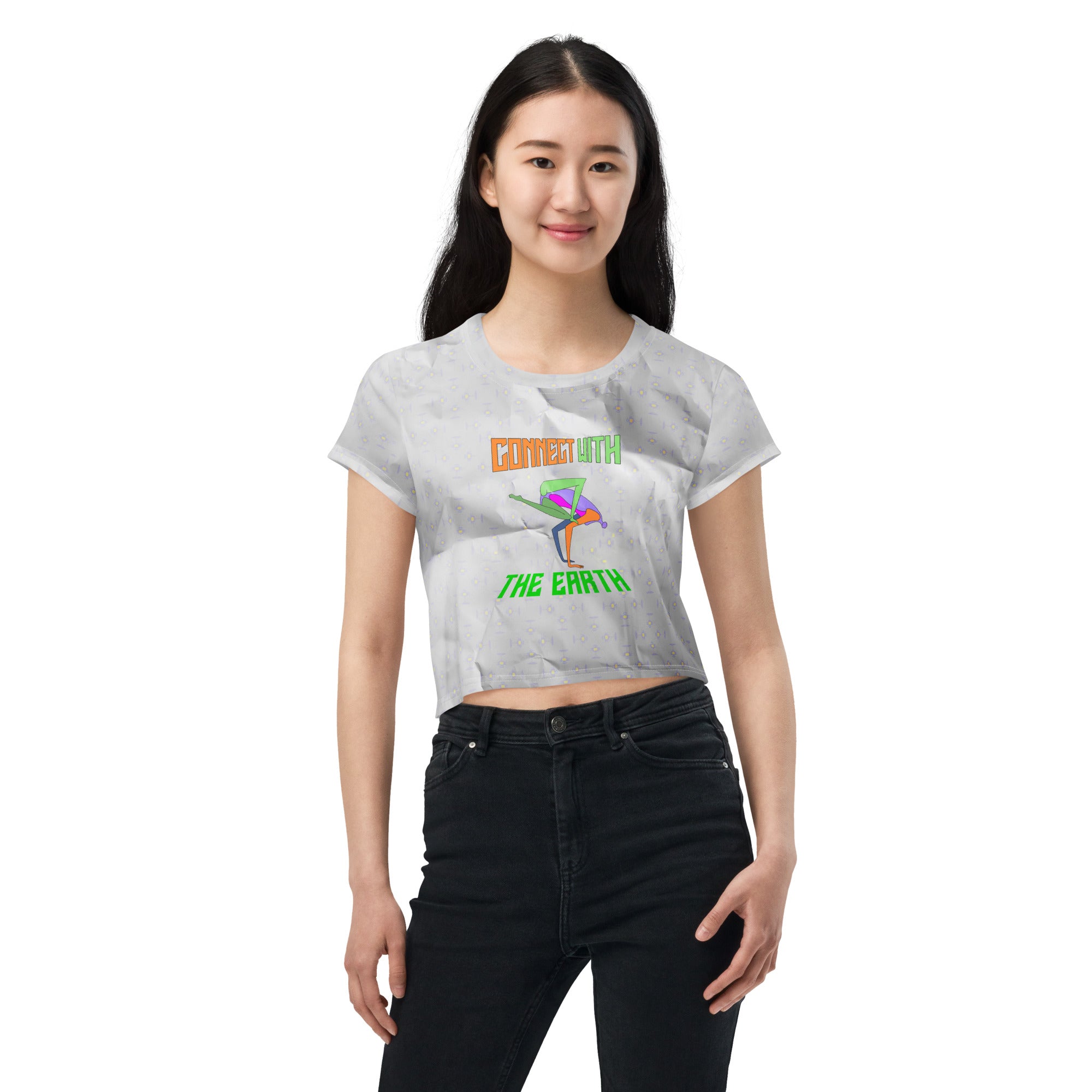 Women's crop T-shirt with Sunrise Salutation design.