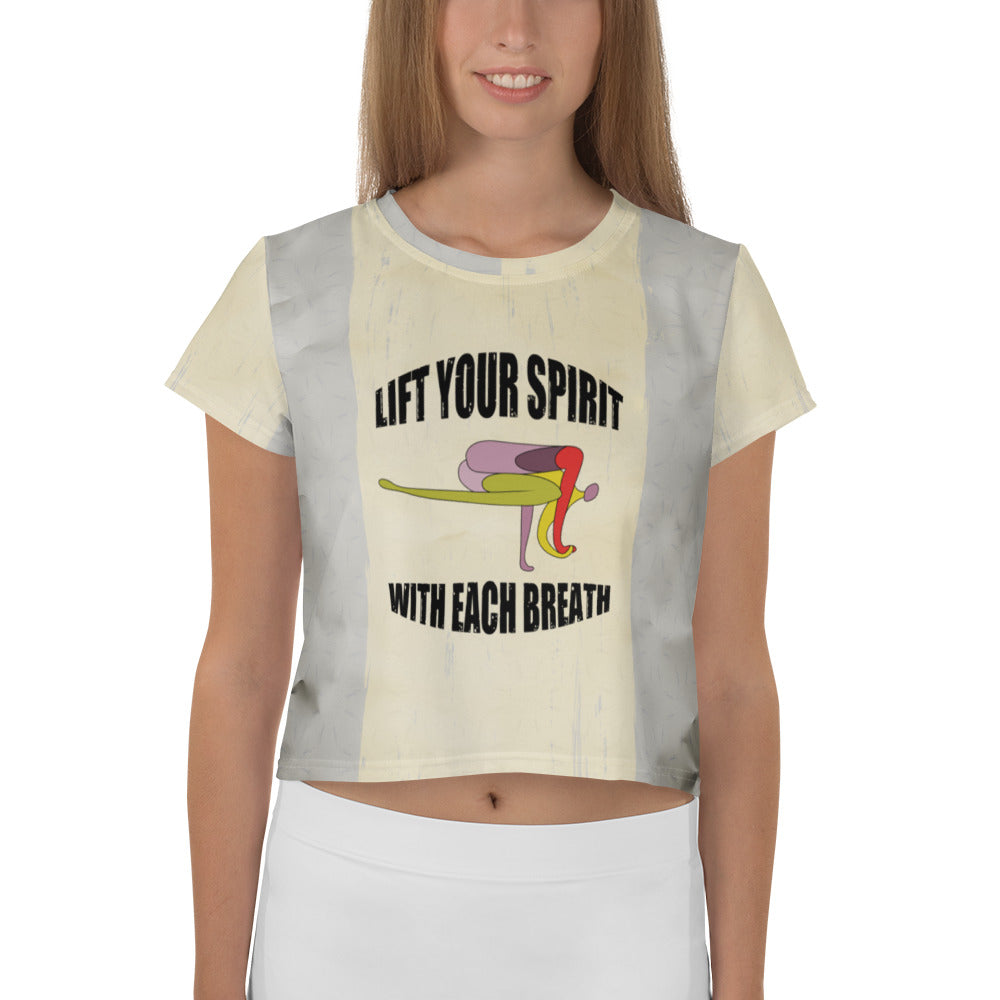 Women's crop T-shirt with Dynamic Downward Dog yoga pose design.