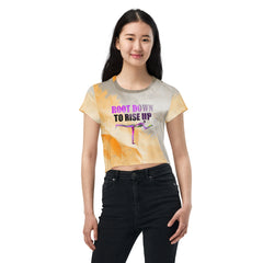 Women's crop T-shirt with elegant half moon design.