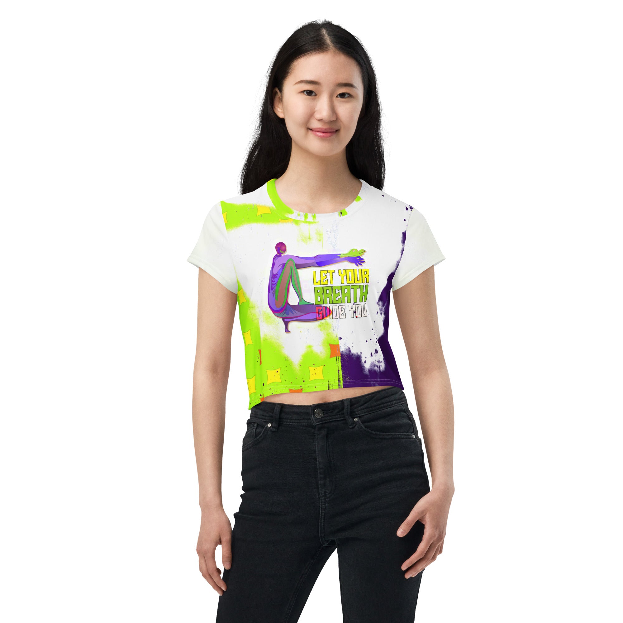 Women's crop T-shirt with radiant triangle geometric design.