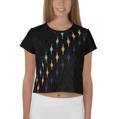 Abstract Waves printed women's crop t-shirt in blue and white.