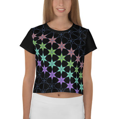 Woman wearing Geometric Delight Crop Tee with abstract pattern