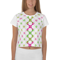 Cosmic patterned women's crop tee in vibrant colors.