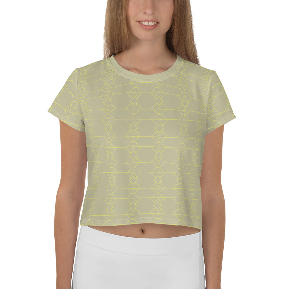 Kaleidoscope pattern on women's crop tee.