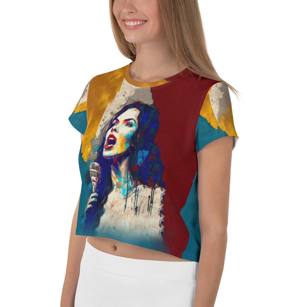 NS-993 all-over print crop tee with vibrant patterns on a model.