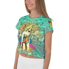 Turn heads with the daring design of Surfing 1 23 All-Over Print Crop Tee.