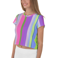 Model wearing Pastel Dream Stripe Crop T-Shirt paired with jeans.