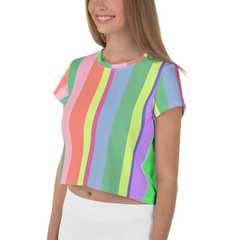 Bold Rainbow Stripe Crop T-Shirt styled with denim shorts