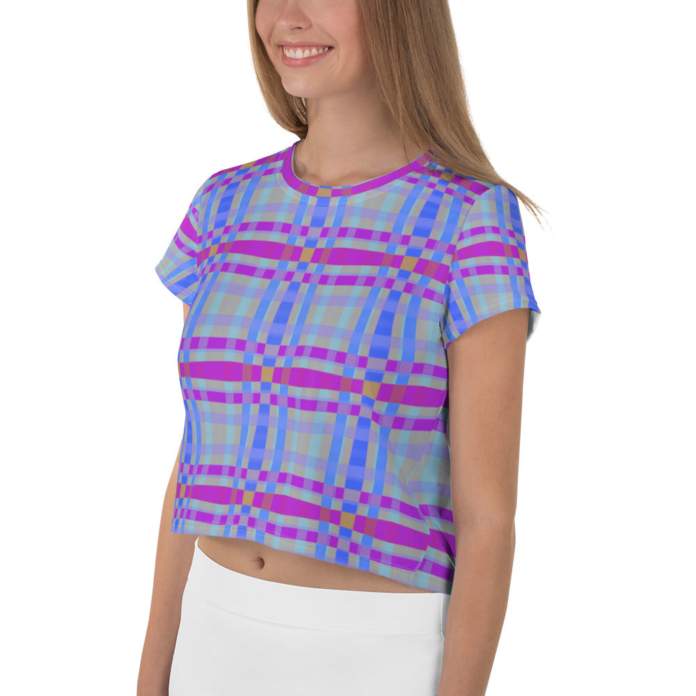 Colorful Rainbow Rhythm Box Stripe Crop T-Shirt on white background.