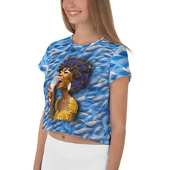 Woman wearing Electric Symphony Crop T-Shirt, casual style.