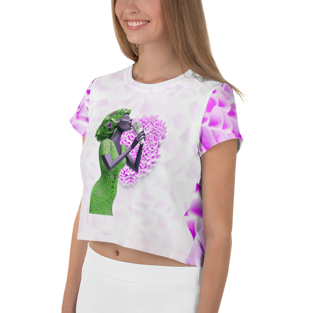 Stylish woman wearing Reggae Rhythm Crop T-Shirt outdoors