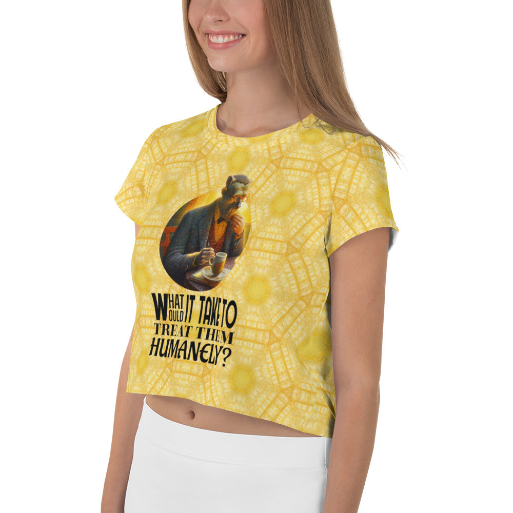 Woman wearing the Graceful Giraffe crop top, showcasing its fit and design.