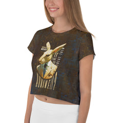 Fashionable women's crop tee with adorable corgi design.