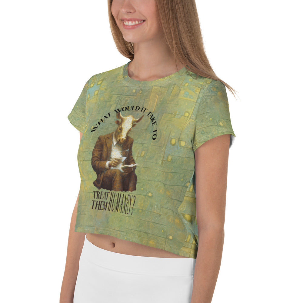 Woman wearing Tranquil Turtle Crop Tee paired with jeans for a casual outfit.