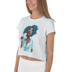 Model wearing Origami Bliss Crop T-Shirt, side pose.