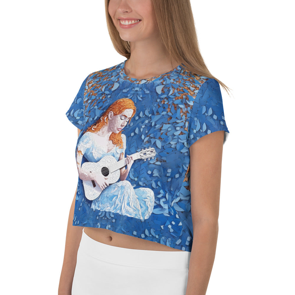 Woman wearing Butterfly Whimsy Crop T-Shirt outdoors