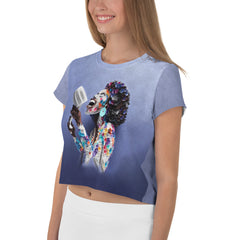 Dragonfly Elegance Crop T-Shirt folded on white background.