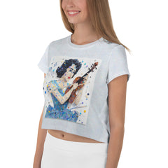 Model wearing Whirling Dervish Crop T-Shirt, showcasing fit and design.