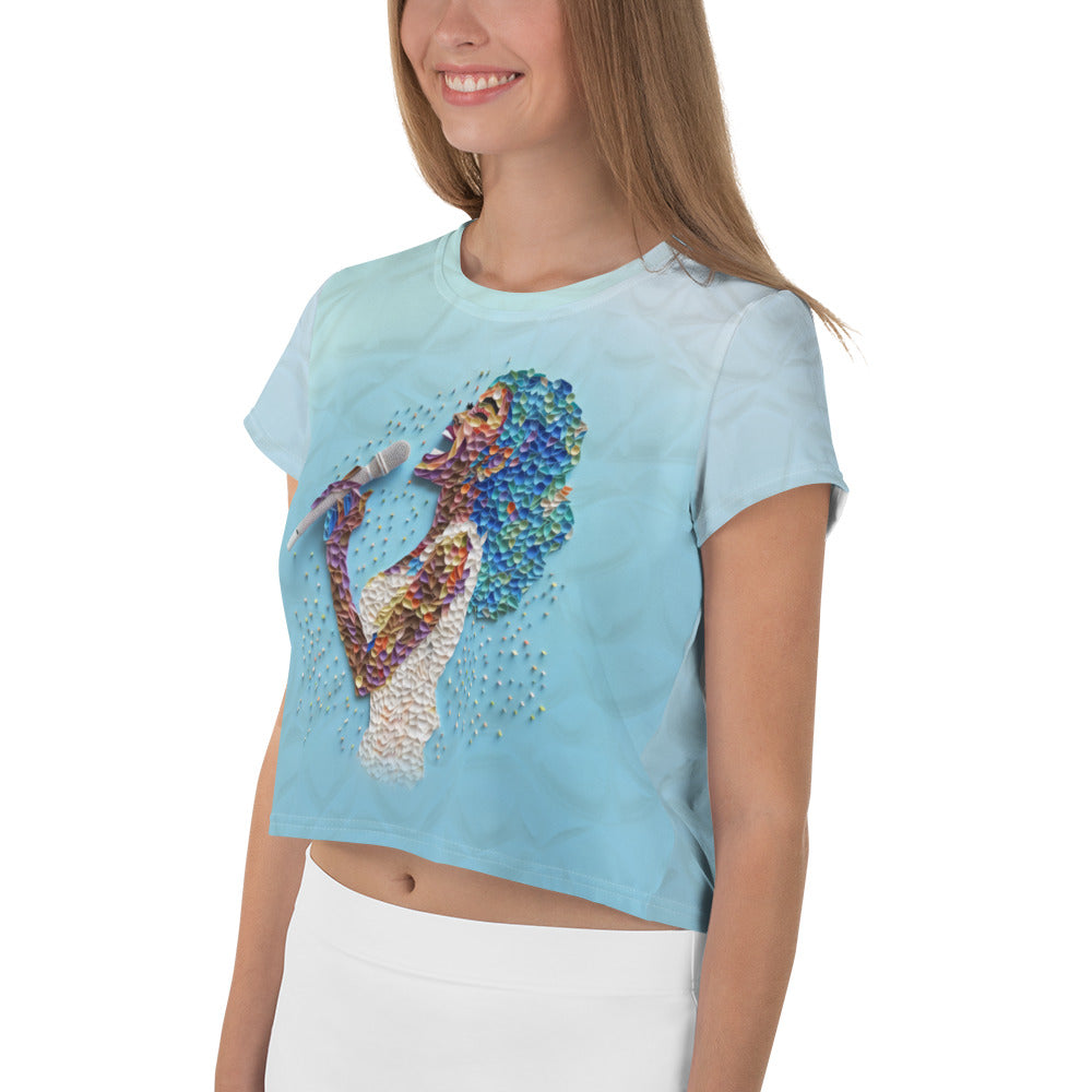 Fashion-forward Luminous Lotus Crop T-Shirt styled with jeans.