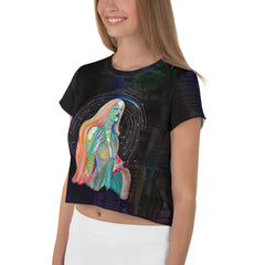 Stylish woman wearing Retro Pop Explosion Crop T-Shirt.