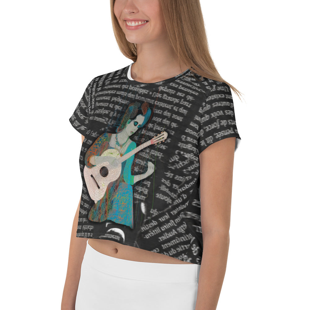 Model wearing Whimsical Pop Fantasy Crop T-Shirt, showcasing its fit and style