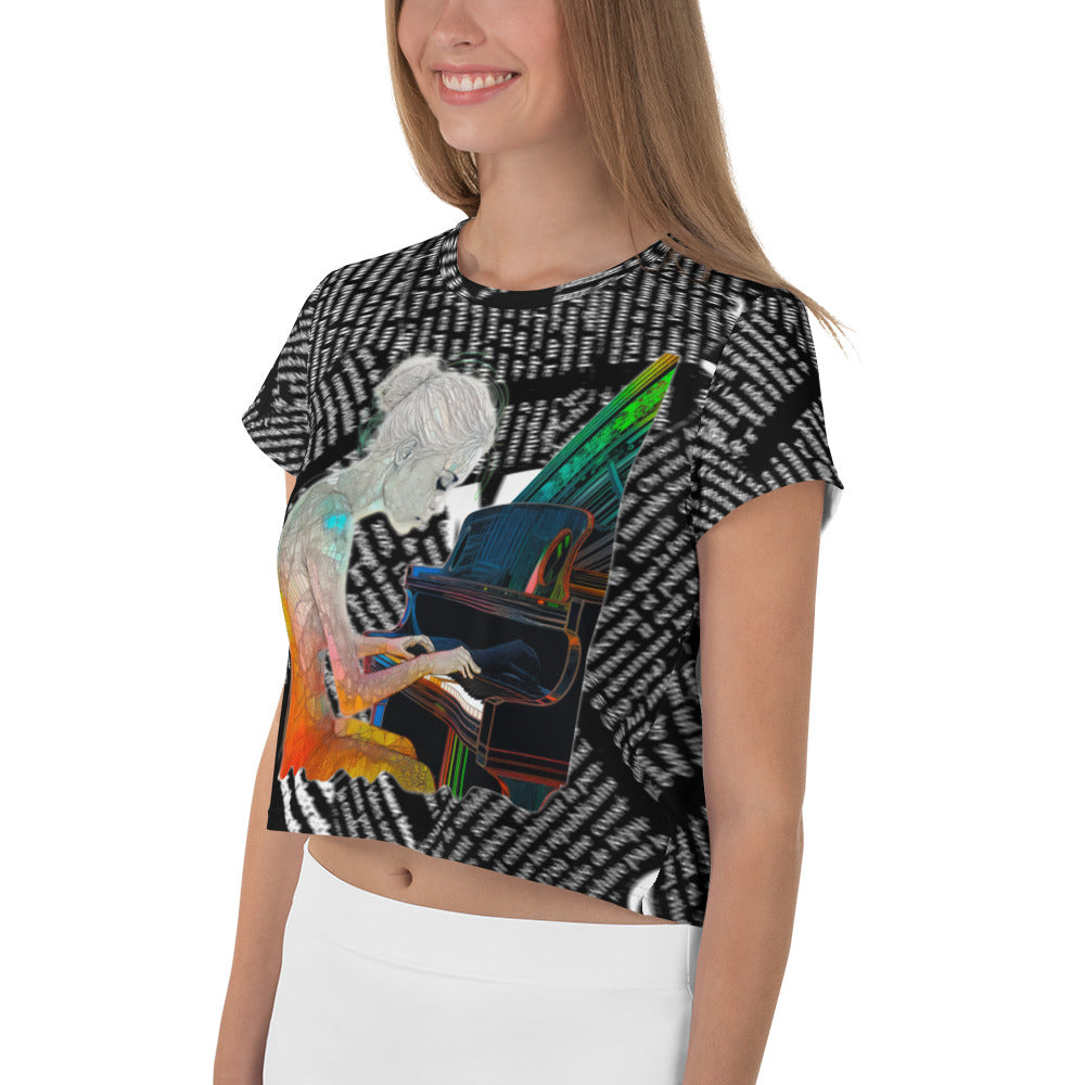 Stylish crop t-shirt featuring abstract expressionist art.