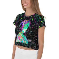 Model wearing colorful pop sketch crop T-shirt