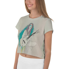 Trendy woman wearing Psychedelic Pop Dream Crop T-Shirt with abstract art.