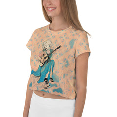 Side view of the Wildflower Whimsy Crop Tee highlighting the cropped length