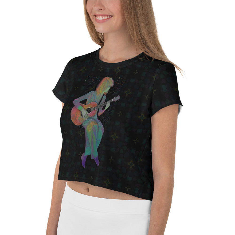 Front view of Ethereal Blooms Crop T-Shirt with vibrant colors.