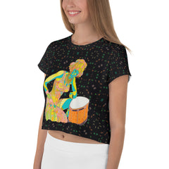 Model wearing Dreamy Daisy Women's Crop T-Shirt with jeans.