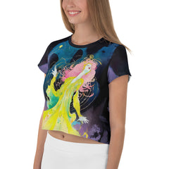 Model wearing Peaceful Petals Women's Crop T-Shirt with jeans.