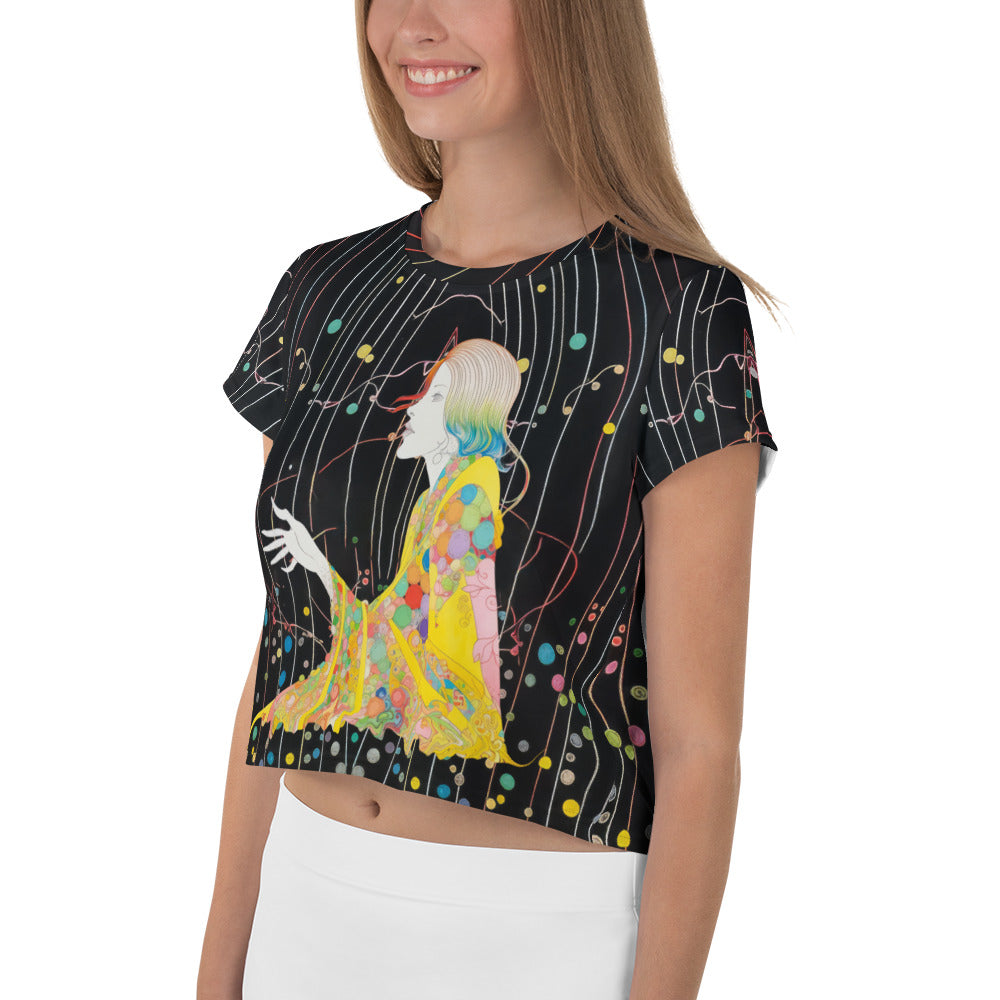 Flower Power Women's Crop T-Shirt displayed on a clothing rack.