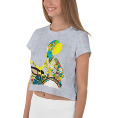 Mystic Meadow Women's Crop T-Shirt displayed on a clothing rack.