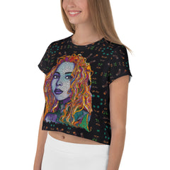 Model wearing Flower Child Revolution Women's Crop T-Shirt with jeans.