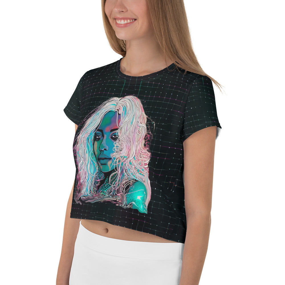 Floral Fusion Women's Crop T-Shirt on a clothing mannequin.