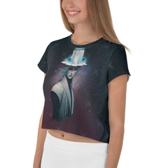 Stylish woman wearing Urban Jungle Crop T-Shirt in urban landscape