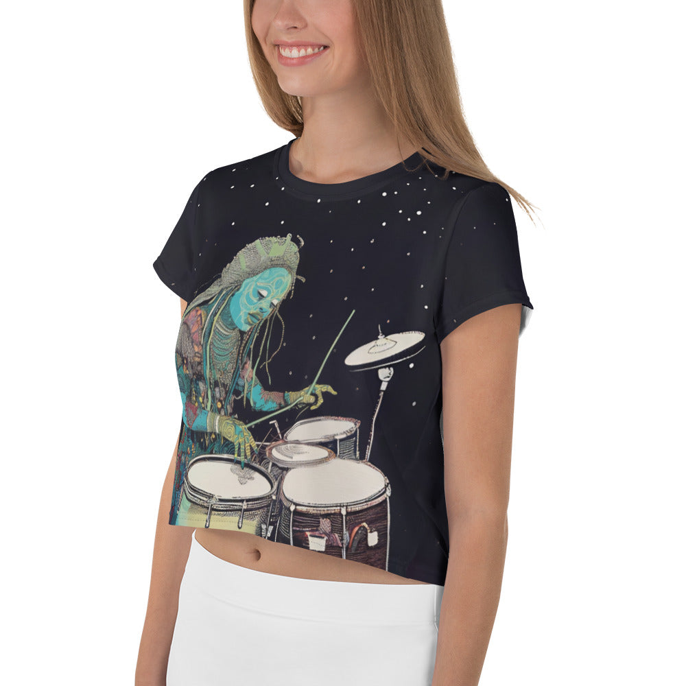 Model wearing the Harmonic Waves Women's Crop T-Shirt, showing its breezy fit.