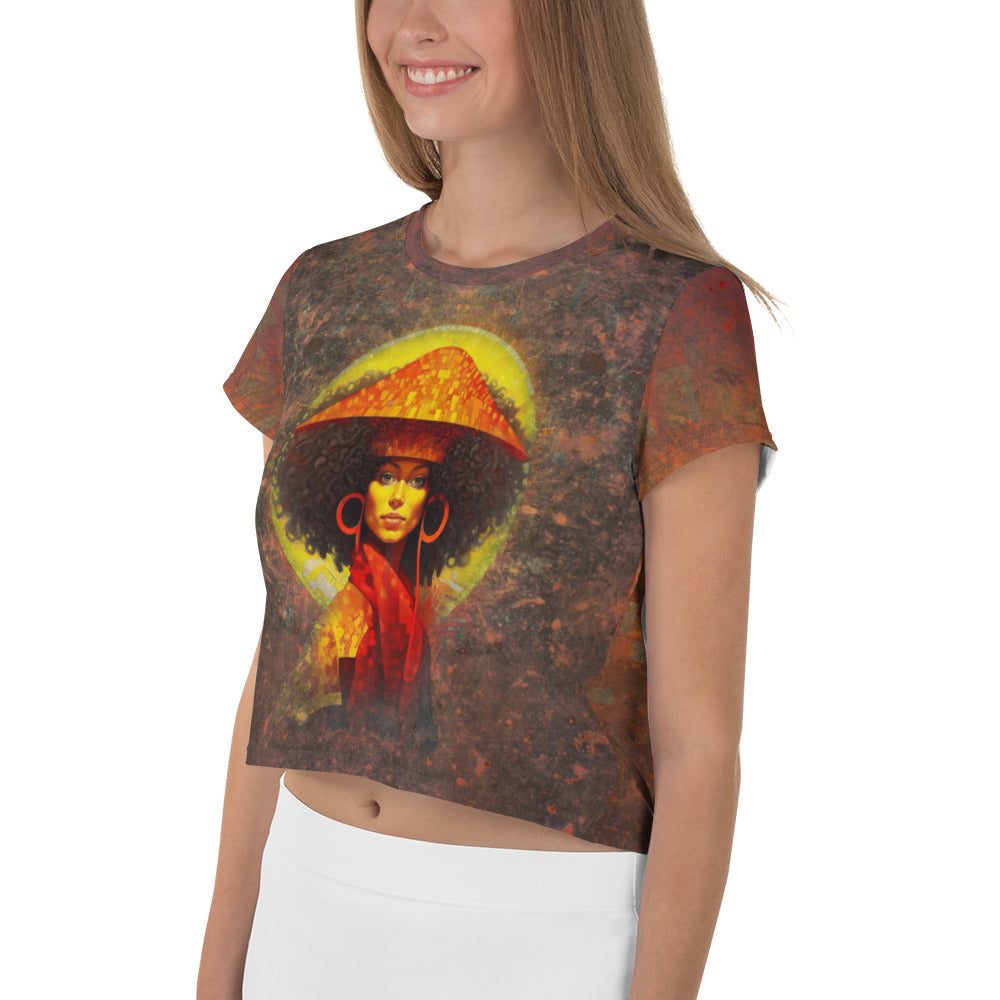 Side angle of Galactic Fusion Crop T-Shirt, highlighting bold colors