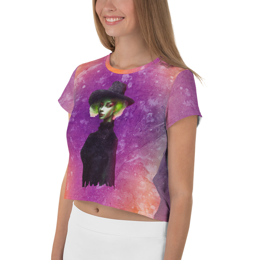 Trendy Celestial Symphony Crop T-Shirt paired with high-waisted jeans