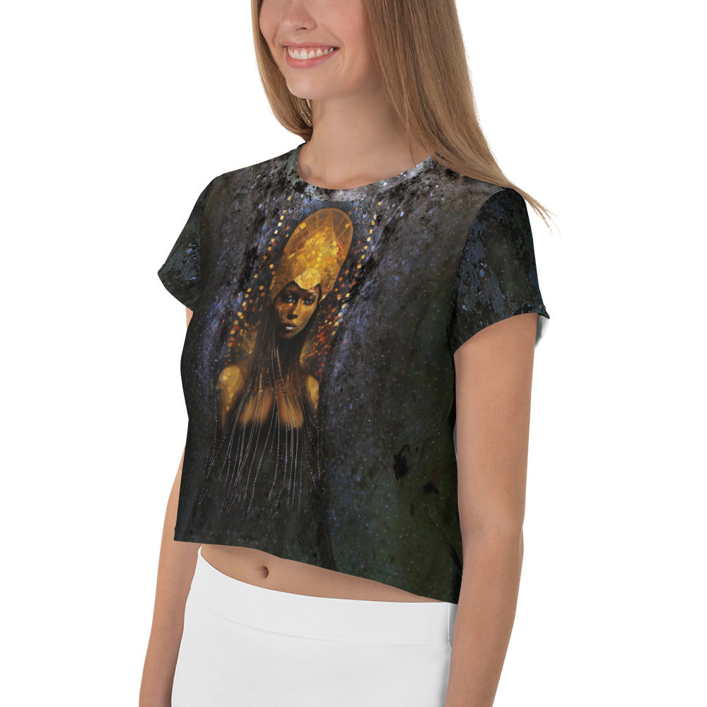 Stylish woman wearing Ethereal Enchantment crop tee outdoors.