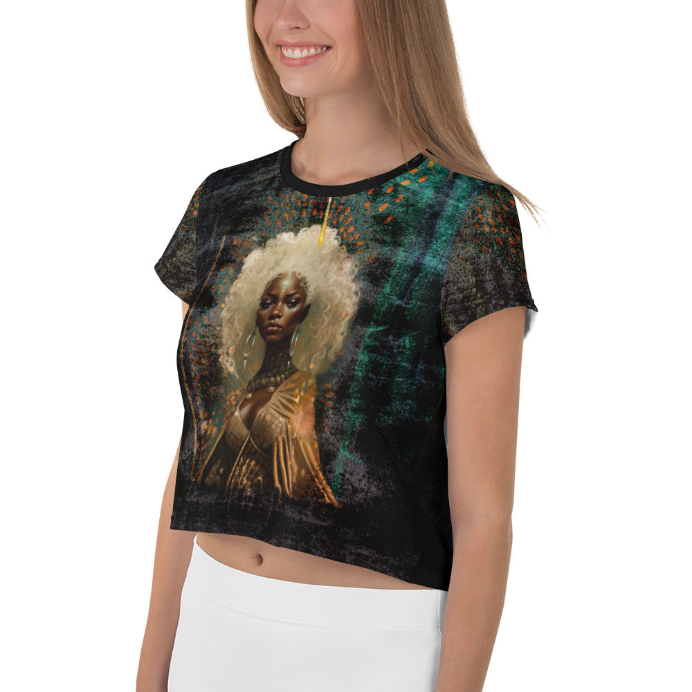 Woman wearing Abstract Expression Crop Tee in urban setting.