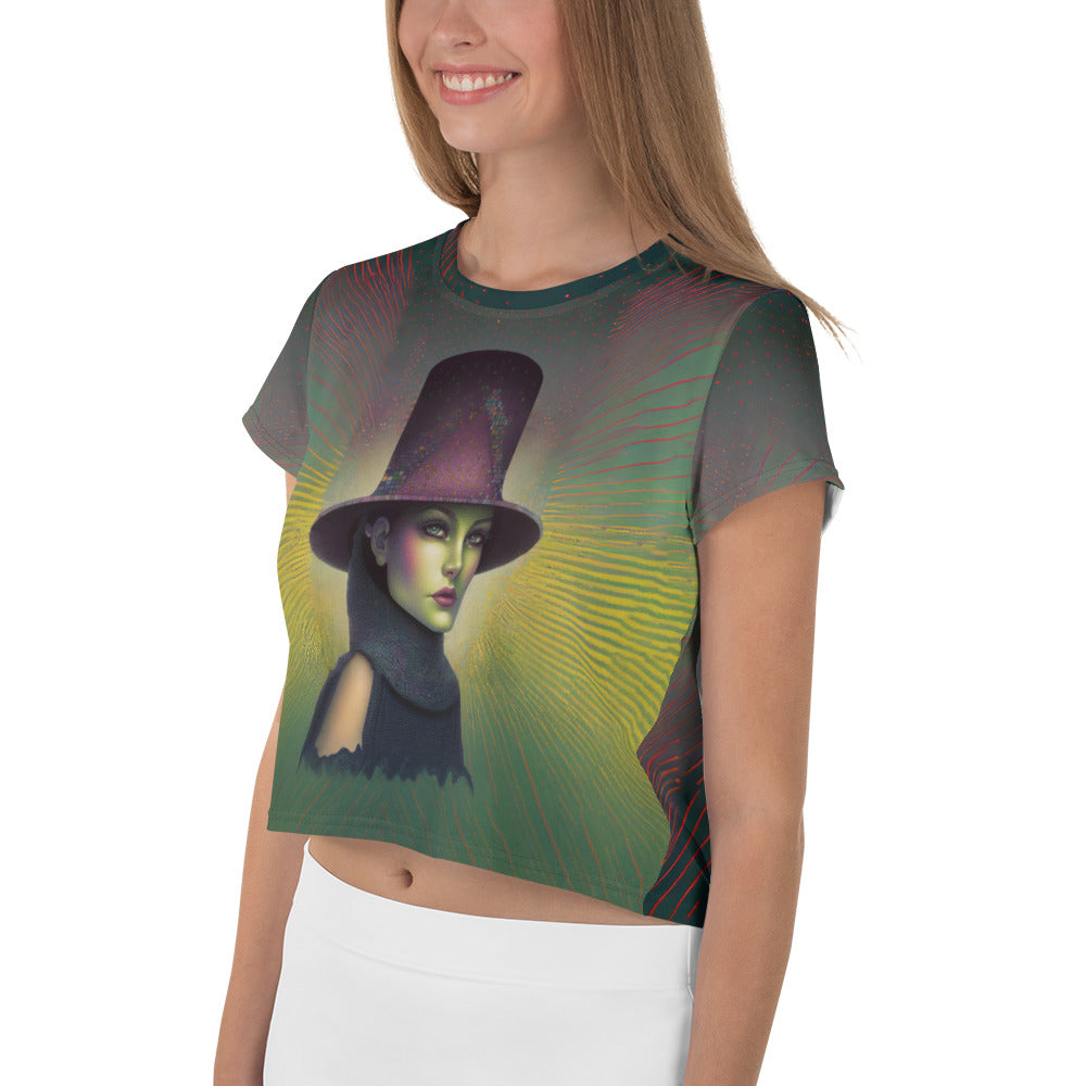 Boho Radiance All-Over Print Women's Crop T-Shirt in a stylish outfit.