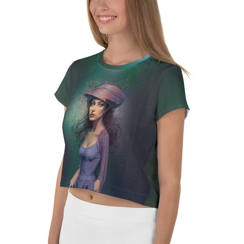 Serene Sunset All-Over Print Women's Crop T-Shirt side view.