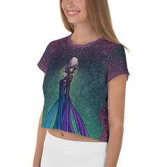 Cosmic Radiance All-Over Print Women's Crop T-Shirt side view.