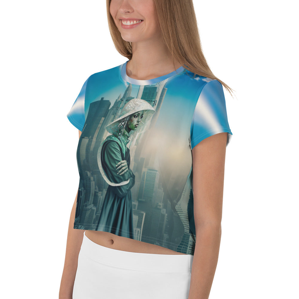 Urban Serenity All-Over Print Women's Crop T-Shirt side view.