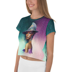 Cosmic Wonder All-Over Print Women's Crop T-Shirt side view.