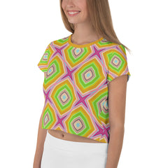 Geometric Harmony women's crop top in lifestyle setting