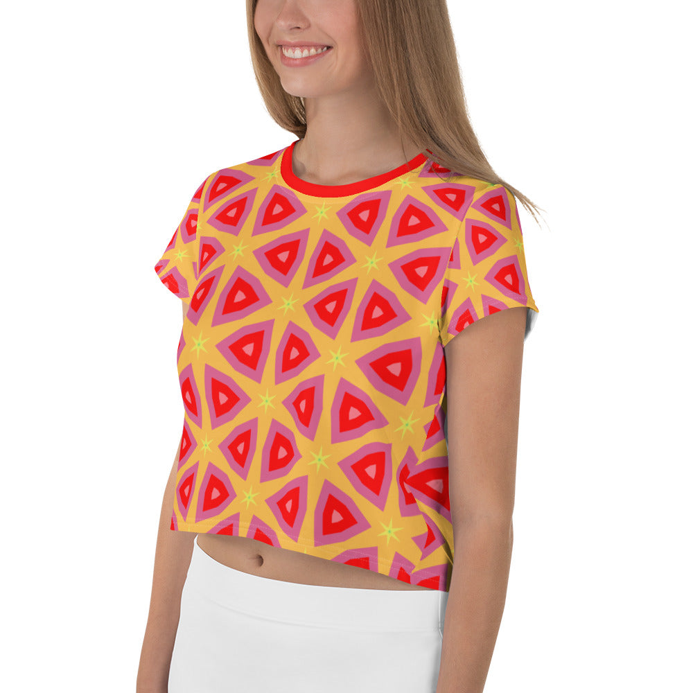 Fashionable young woman wearing Digital Wave Crop Tee.