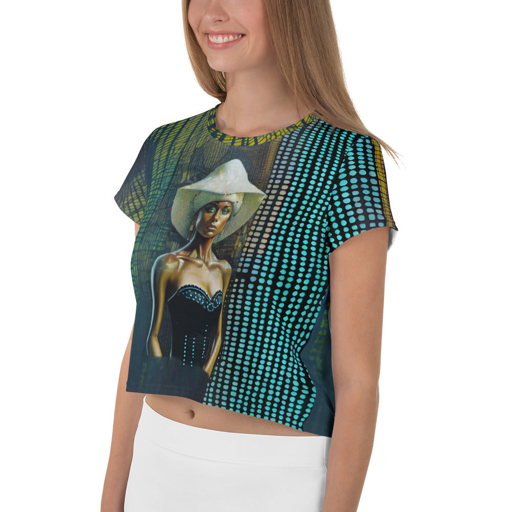 Stylish woman posing in Avant-Garde Chic Crop Tee.